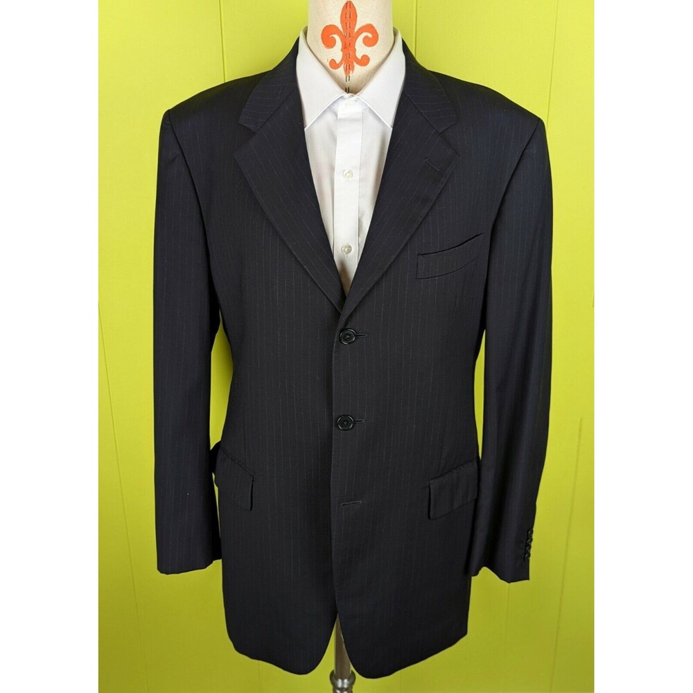 VTG VIA VENETO Italy Reda Super 100'S Men US 44 Wool Black Pinstripe Suit Jacket